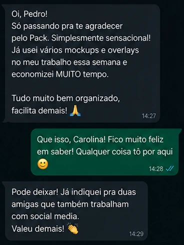 Mensagem de compradora sobre economia de tempo com mockups e overlays do Pack do Courbet